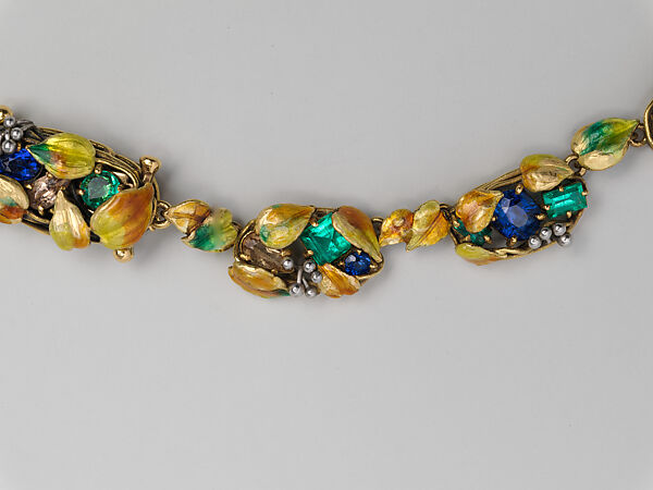 Necklace, Meta Overbeck (American, 1881–1946), Gold, emeralds, Montana sapphires, topazes, enamel, American