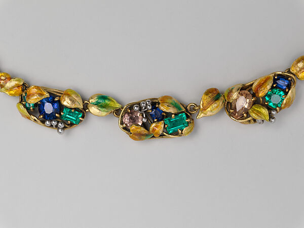 Necklace, Meta Overbeck (American, 1881–1946), Gold, emeralds, Montana sapphires, topazes, enamel, American