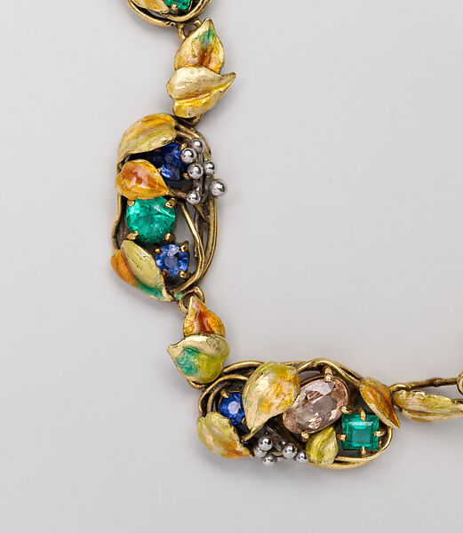 Necklace, Meta Overbeck (American, 1881–1946), Gold, emeralds, Montana sapphires, topazes, enamel, American
