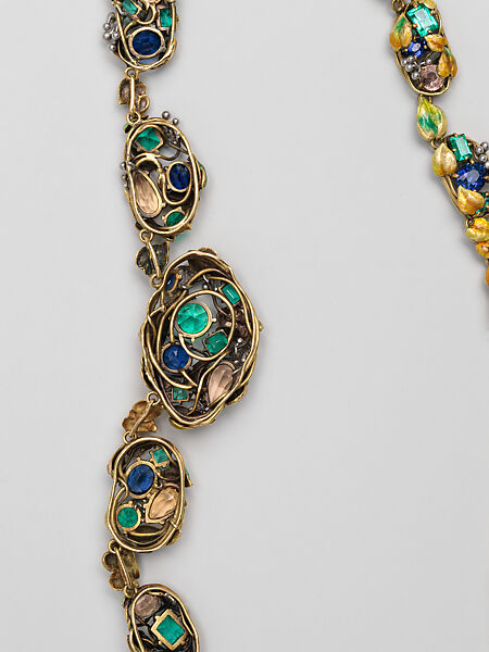 Necklace, Meta Overbeck (American, 1881–1946), Gold, emeralds, Montana sapphires, topazes, enamel, American