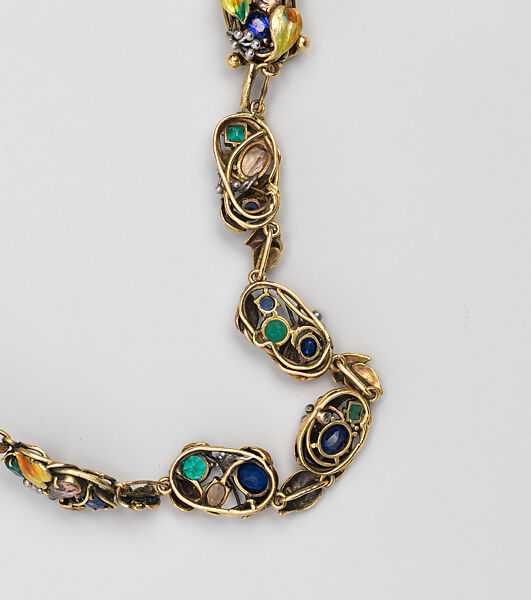 Necklace, Meta Overbeck (American, 1881–1946), Gold, emeralds, Montana sapphires, topazes, enamel, American