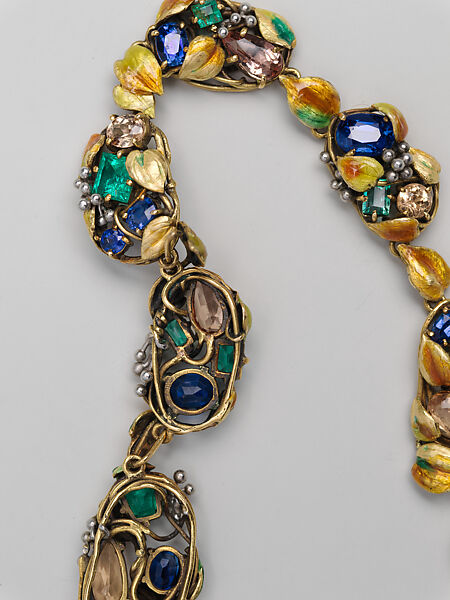 Necklace, Meta Overbeck (American, 1881–1946), Gold, emeralds, Montana sapphires, topazes, enamel, American