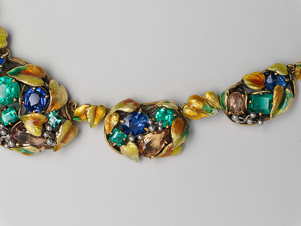 Necklace, Meta Overbeck (American, 1881–1946), Gold, emeralds, Montana sapphires, topazes, enamel, American