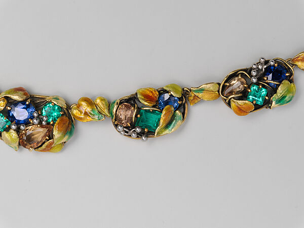 Necklace, Meta Overbeck (American, 1881–1946), Gold, emeralds, Montana sapphires, topazes, enamel, American