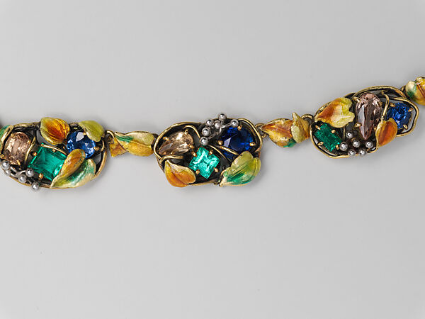 Necklace, Meta Overbeck (American, 1881–1946), Gold, emeralds, Montana sapphires, topazes, enamel, American