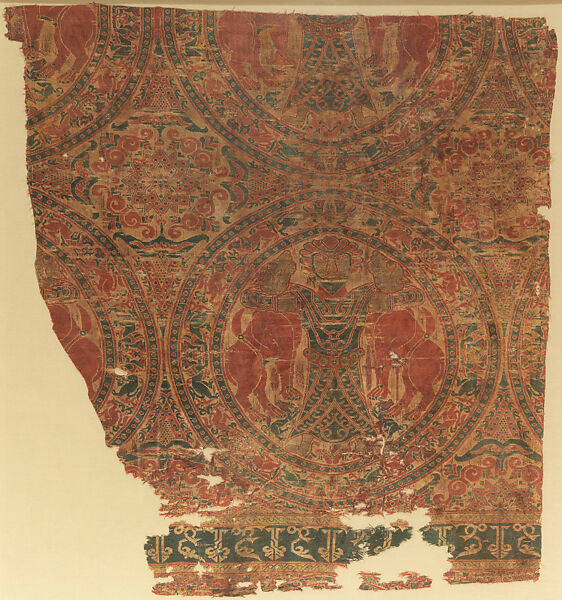 Textile Fragment from the Tomb of Sant Bernat Calvo, Silk, gilded vellum with silk core, lampas, Islamic 