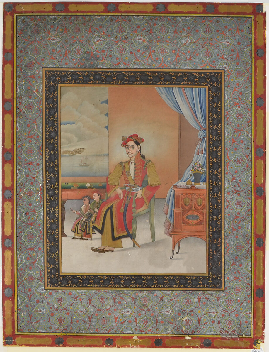 Portrait of Colonel Ranabir Singh Thapa, Attributed to Bhajuman Chitrkar (Nepalese, active 1820s–1850s), Opaque watercolors with gold on paper, laid down in an album page with ornamental margins and border, Nepal, Kathmandu 