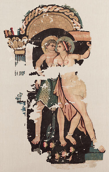 Textile Fragment with Satyr and Maenad, Undyed linen and dyed wool; plain weave ground with tapestry weave, Byzantine (Egypt) 