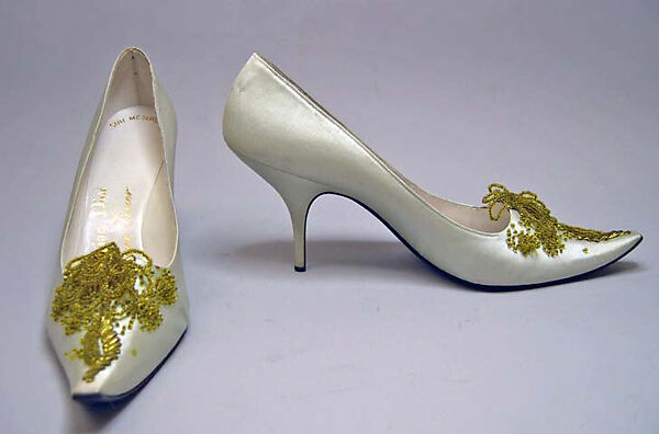 Evening shoes, House of Dior (French, founded 1946), silk, leather, glass, metallic thread, French 