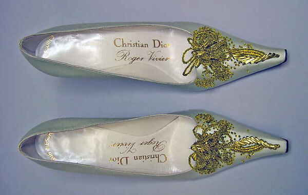 Evening shoes, House of Dior (French, founded 1946), silk, leather, glass, metallic thread, French