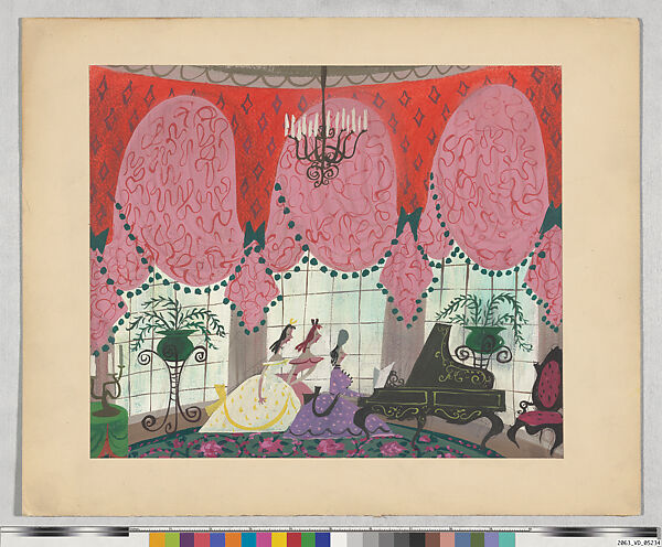 Concept Art for Cinderella (1950): Cinderella’s stepmother and stepsisters rehearsing, Mary Blair, Gouache and graphite on board, American 