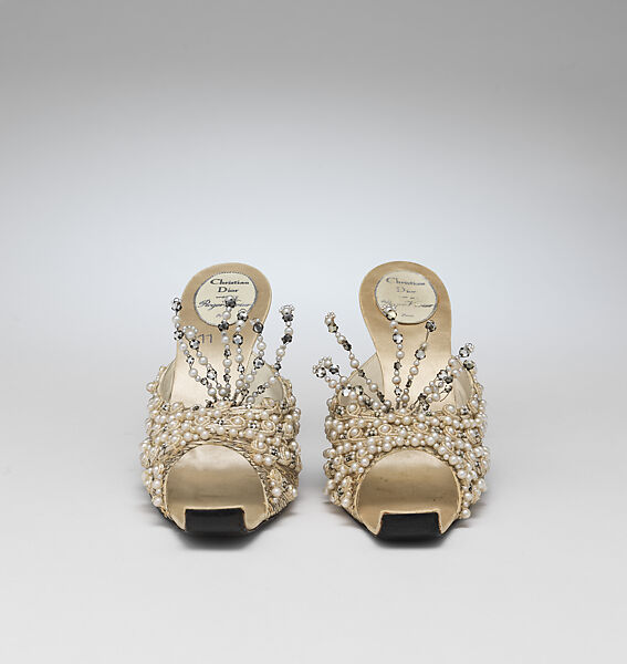 Evening slippers, House of Dior (French, founded 1946), silk, leather, metallic thread, plastic, glass, French
