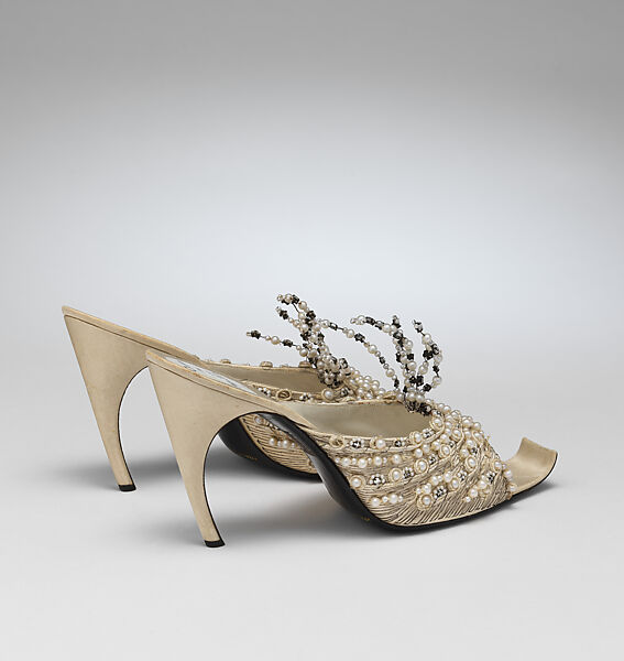 Evening slippers, House of Dior (French, founded 1946), silk, leather, metallic thread, plastic, glass, French