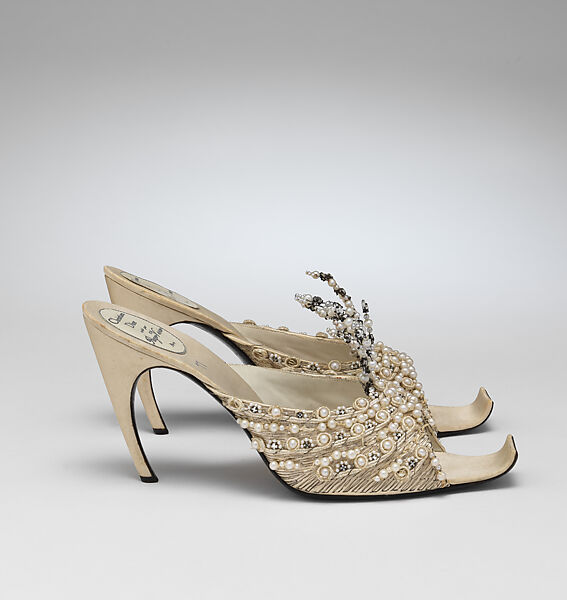 Evening slippers, House of Dior (French, founded 1946), silk, leather, metallic thread, plastic, glass, French