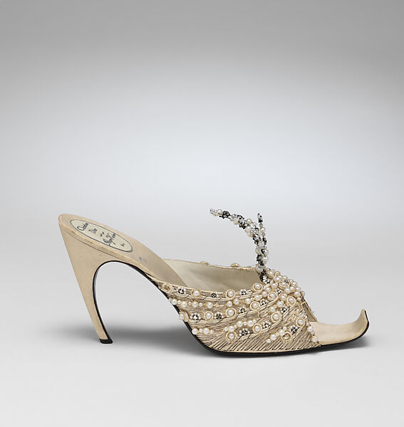 Evening slippers, House of Dior (French, founded 1946), silk, leather, metallic thread, plastic, glass, French