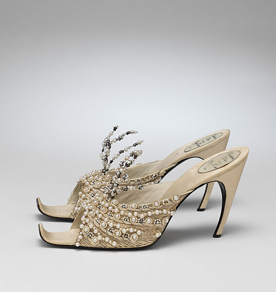 Evening slippers, House of Dior (French, founded 1946), silk, leather, metallic thread, plastic, glass, French