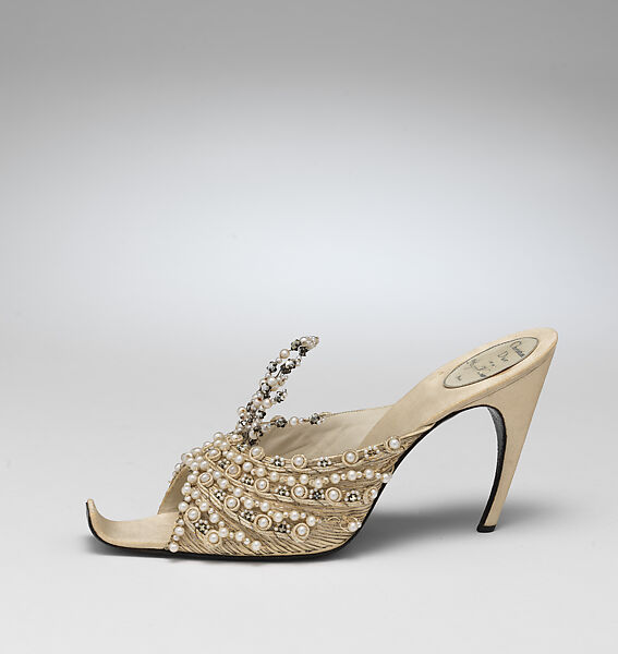 Evening slippers, House of Dior (French, founded 1946), silk, leather, metallic thread, plastic, glass, French