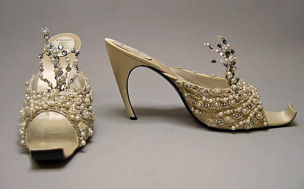 Evening slippers, House of Dior (French, founded 1946), silk, leather, metallic thread, plastic, glass, French