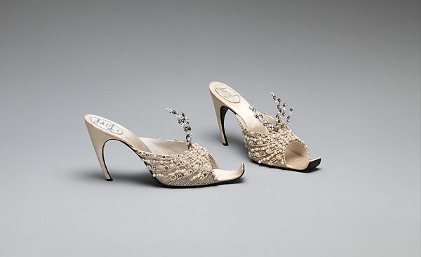 Evening slippers, House of Dior (French, founded 1946), silk, leather, metallic thread, plastic, glass, French 