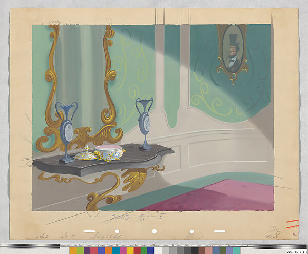 Background painting for Cinderella (1950), Disney Studio artist, Gouache on paper, American 