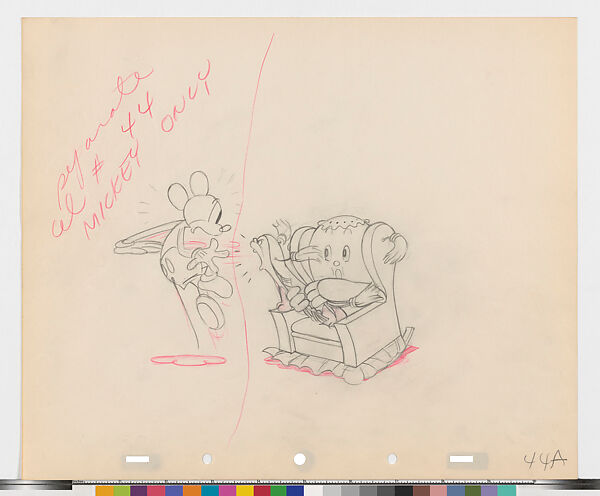 Clean-up animation drawings for Thru the Mirror (1936), Bob Wickersham, Graphite and colored pencil on paper, American