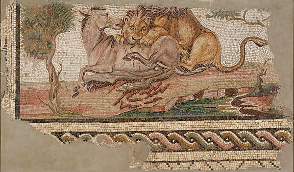 Mosaic of Lion Attacking Onager, Stone and glass tesserae, North African (Sousse, Hadrumetum, Tunisia) 