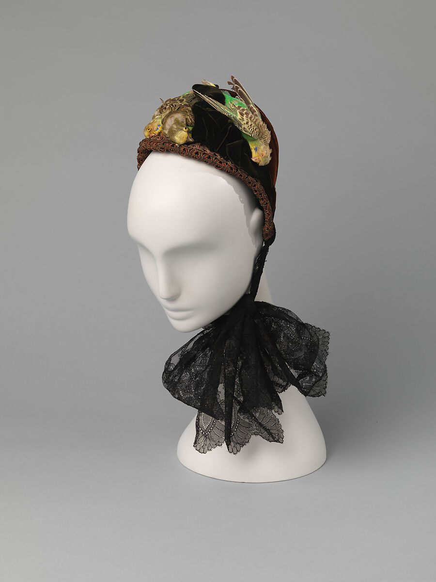 Bonnet, silk, feathers, American