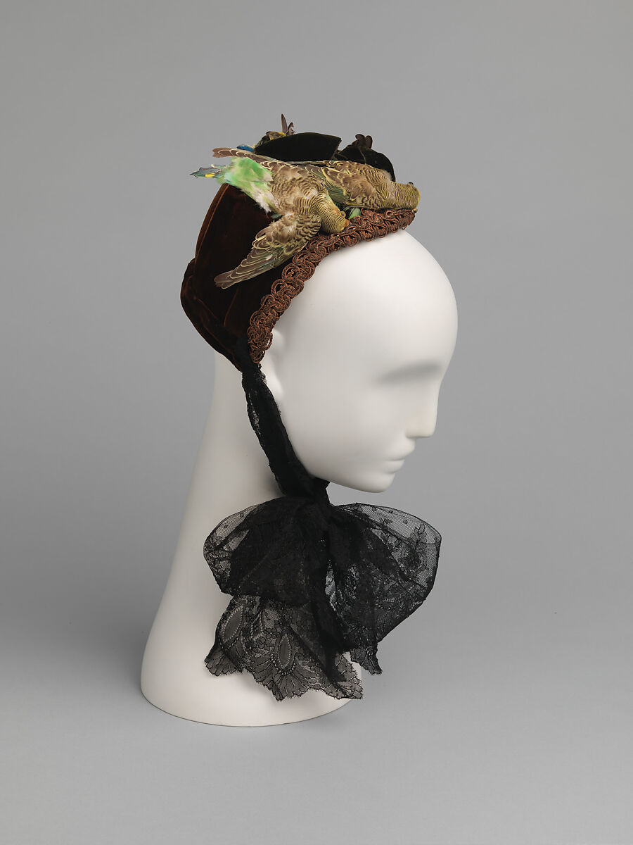 Bonnet, silk, feathers, American 