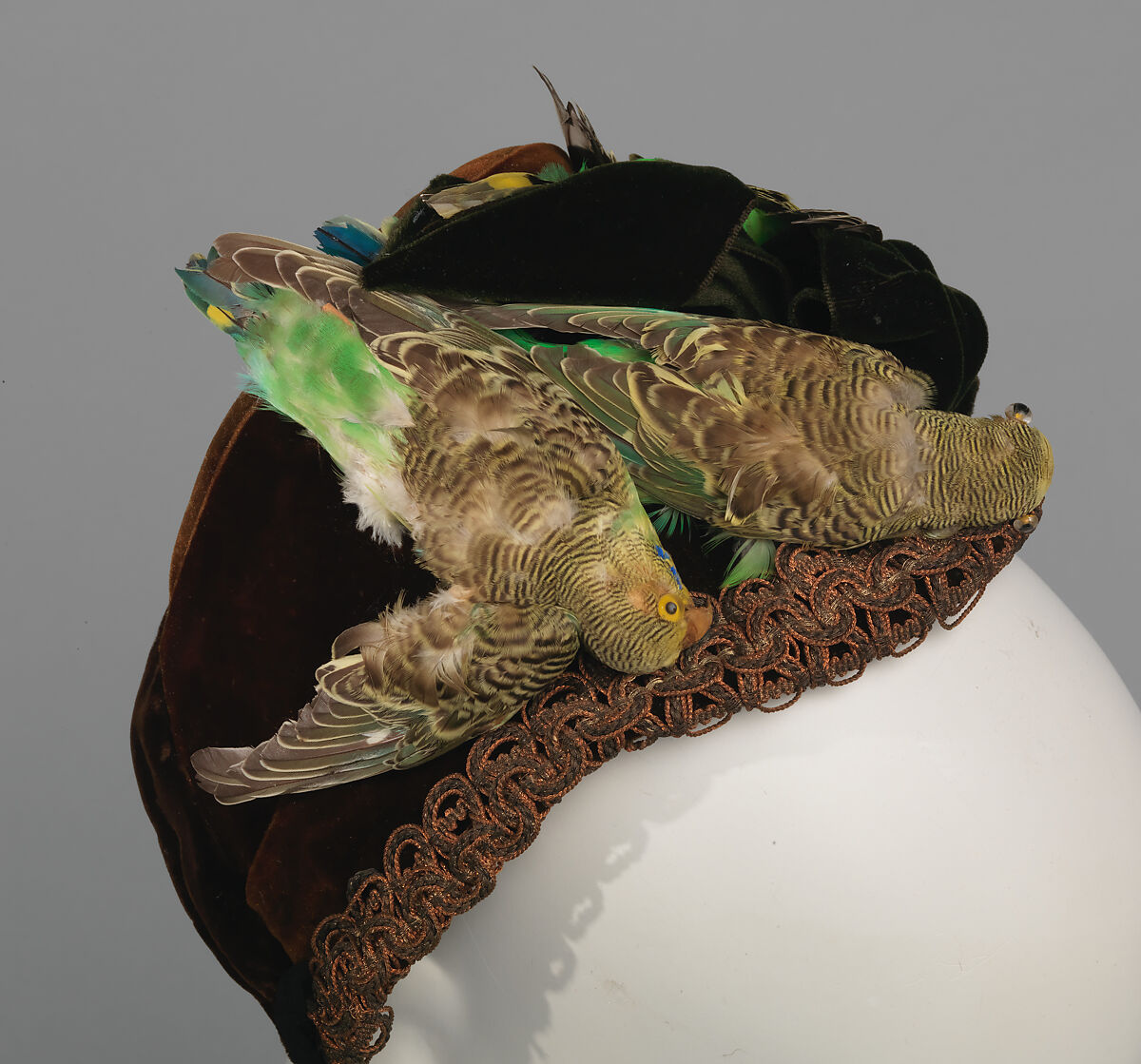 Bonnet, silk, feathers, American