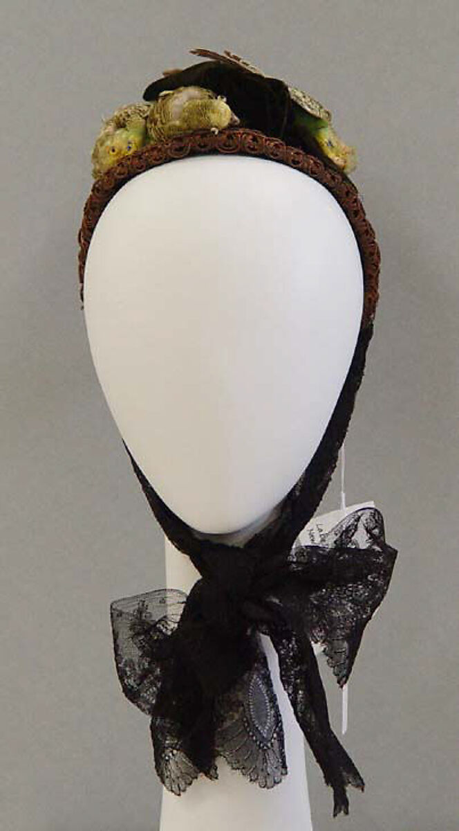 Bonnet, silk, feathers, American