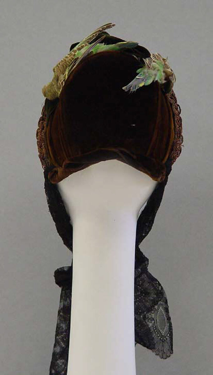 Bonnet, silk, feathers, American