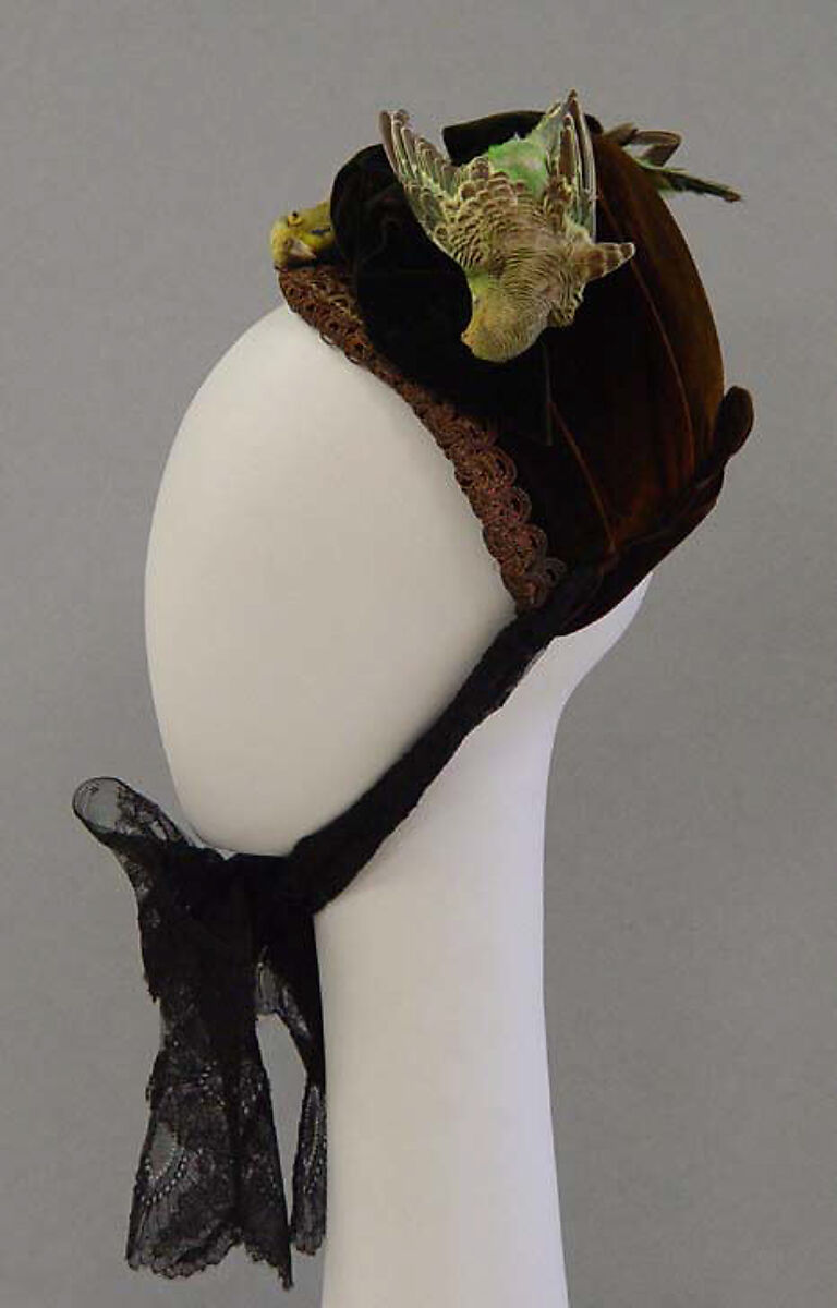 Bonnet, silk, feathers, American