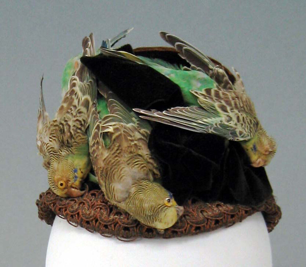 Bonnet, silk, feathers, American
