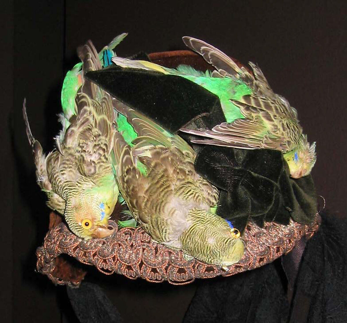 Bonnet, silk, feathers, American