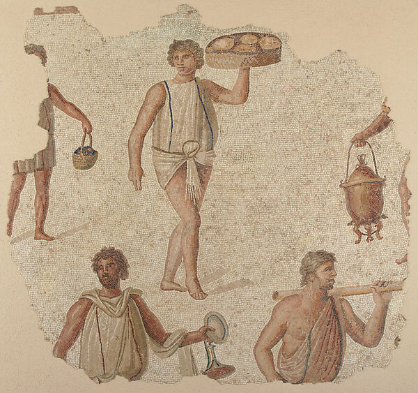Mosaic Panel with Preparations for a Feast, Marble, limestone, glass paste, North African (Carthage, Tunisia)