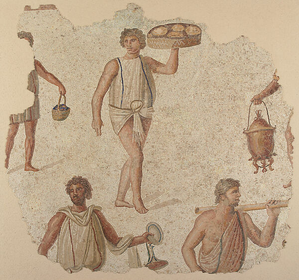 Mosaic Panel with Preparations for a Feast, Marble, limestone, glass paste, North African (Carthage, Tunisia) 