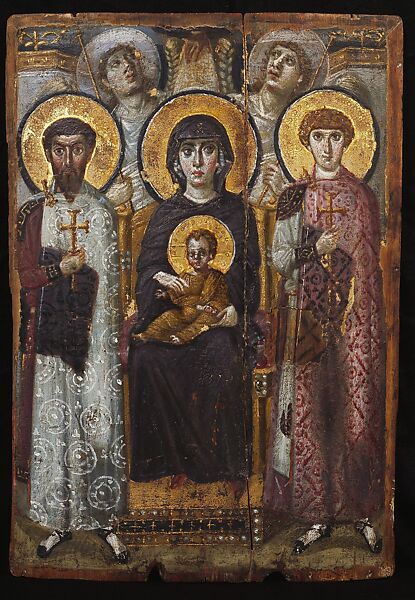 Icon with the Virgin and Child, Saints, Angels, and the Hand of God, Encaustic on panel, Early Byzantine (Egypt)