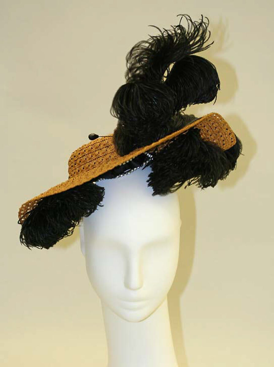 Hat, straw, feathers, silk, French 