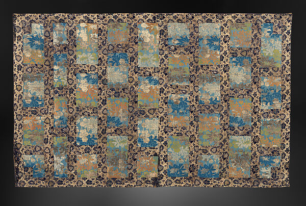 Nine-Panel Kesa (Buddhist Monk’s Vestment) with Chrysanthemums and Stylized Flowers, Twill-weave silk with silk- and gold-thread supplementary weft patterning, Japan