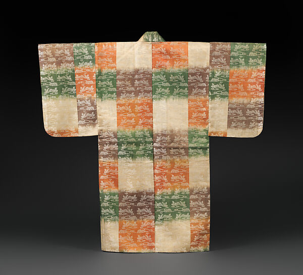 Noh Costume (Atsuita) with Checkered Ground and Chrysanthemums in Stream, Twill-weave silk with silk supplementary weft patterning, Japan 