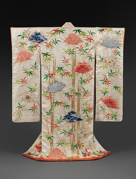 Over Robe (Uchikake) with Bamboo and Folded-Paper Butterflies, Figured satin-weave silk (rinzu) with tie-dyeing, silk embroidery, and couched gold thread, Japan