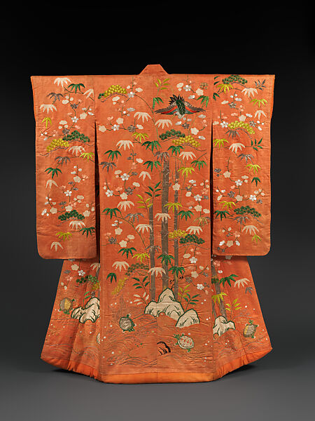 Over Robe (Uchikake) with Mount Hōrai, Figured satin-weave silk (rinzu) with paste-resist dyeing, stencil-dyed dots (suri-bitta), silk embroidery, and couched gold and silver thread, Japan