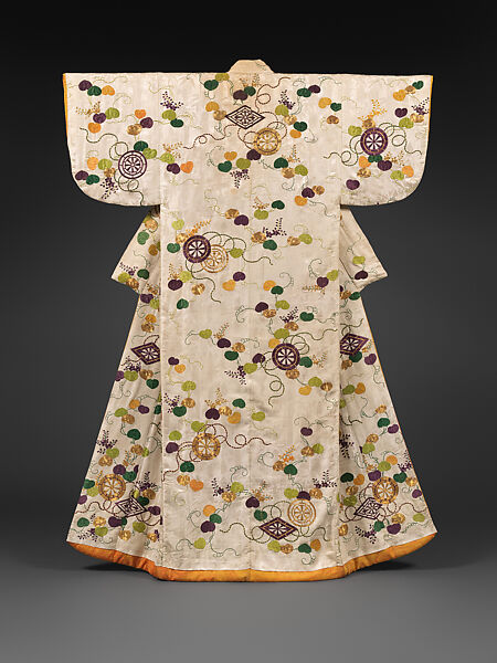 Over Robe (Uchikake) with Genji Wheels and Wild Ginger Leaves, Figured satin-weave silk (rinzu) with silk embroidery and couched gold thread, Japan