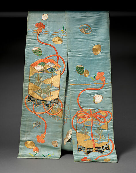 Obi (Kakeshita-obi) with Shell-Matching Game Boxes, Satin-weave silk with silk embroidery and couched gold thread, Japan 