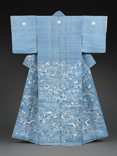 Summer Robe (Katabira) with Stream and Plum Trees, Plain-weave ramie with paste-resist dyeing, stencil-dyed dots (suri-bitta), and hand-painting, Japan