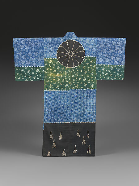 Outer Robe (Katsugi) with Chrysanthemum Crest, Plain-weave cotton with stencil paste-resist dyeing, Japan 