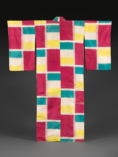 Meisen Kimono with Large Checkered Pattern, Plain-weave machine-spun silk in resist-dyed large ikat (ōgasuri) with gold-thread weft, Japan 