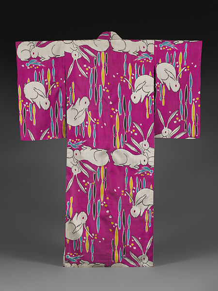 Meisen Summer Kimono with Rabbits and Scouring Rushes, Plain-weave machine-spun silk in unraveled ikat (hogushi-gasuri), Japan 