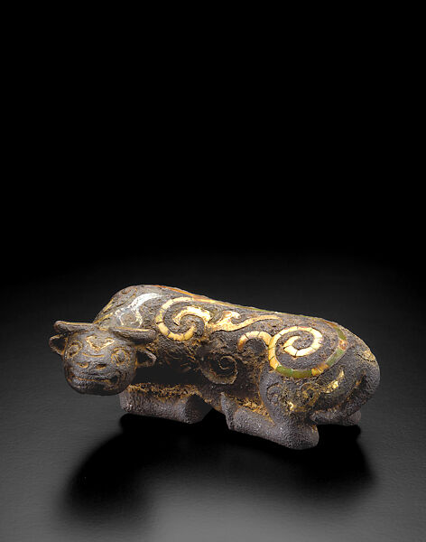Recumbent Ox, Bronze inlaid with gold and jade (nephrite), China