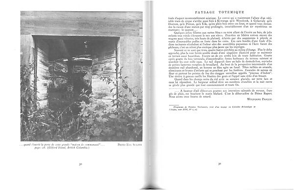 "...quand s’ouvrit la porte de cette grande 'maison de communauté' (Gilford Island, British Columbia)" (...when the door of this great “community house” opened...[Gilford Island, British Columbia]), 1939, reproduced in Dyn (Mexico City), no. 3, Eva Sulzer (Swiss, Winterthur 1902–1990 Mexico City), Journal 